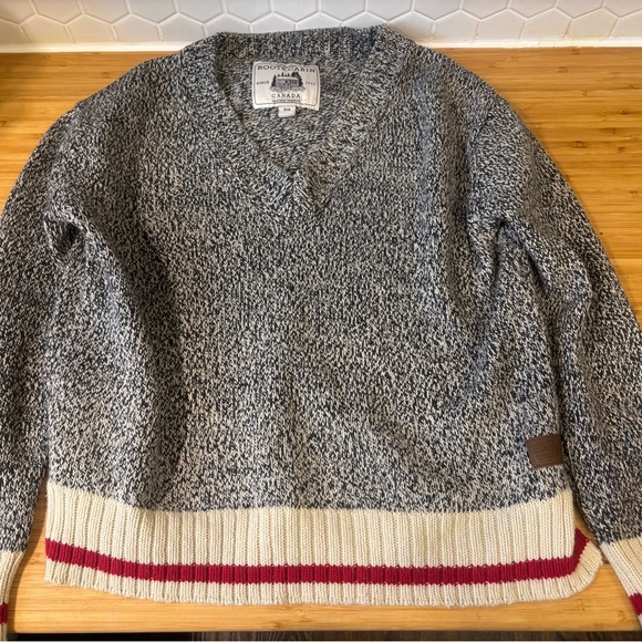 Heathered Gray V-Neck Sweater with Contrast Bands - Picture 1 of 3